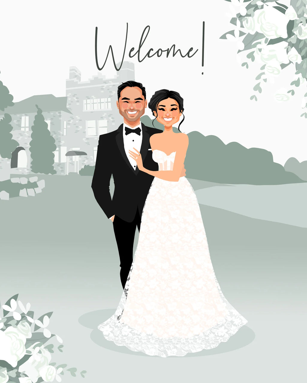 Cartoon illustration of a bride and groom with 'Welcome!' text, set against a castle and garden background.