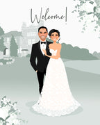 Cartoon illustration of a bride and groom with 'Welcome!' text, set against a castle and garden background.