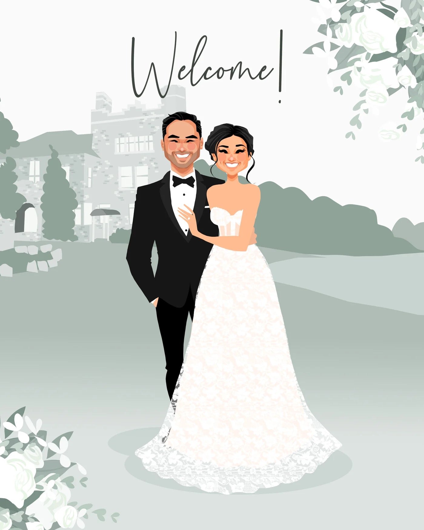 Cartoon illustration of a bride and groom with 'Welcome!' text, set against a castle and garden background.